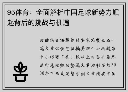 95体育：全面解析中国足球新势力崛起背后的挑战与机遇